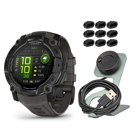 Garmin Instinct 3 50mm AMOLED GPS Smartwatch (Black and Charcoal Band) Bundle with Focus Camera Portable Charger Stand and Focus Charger Port Protectors (9-Pack) (3 Items)