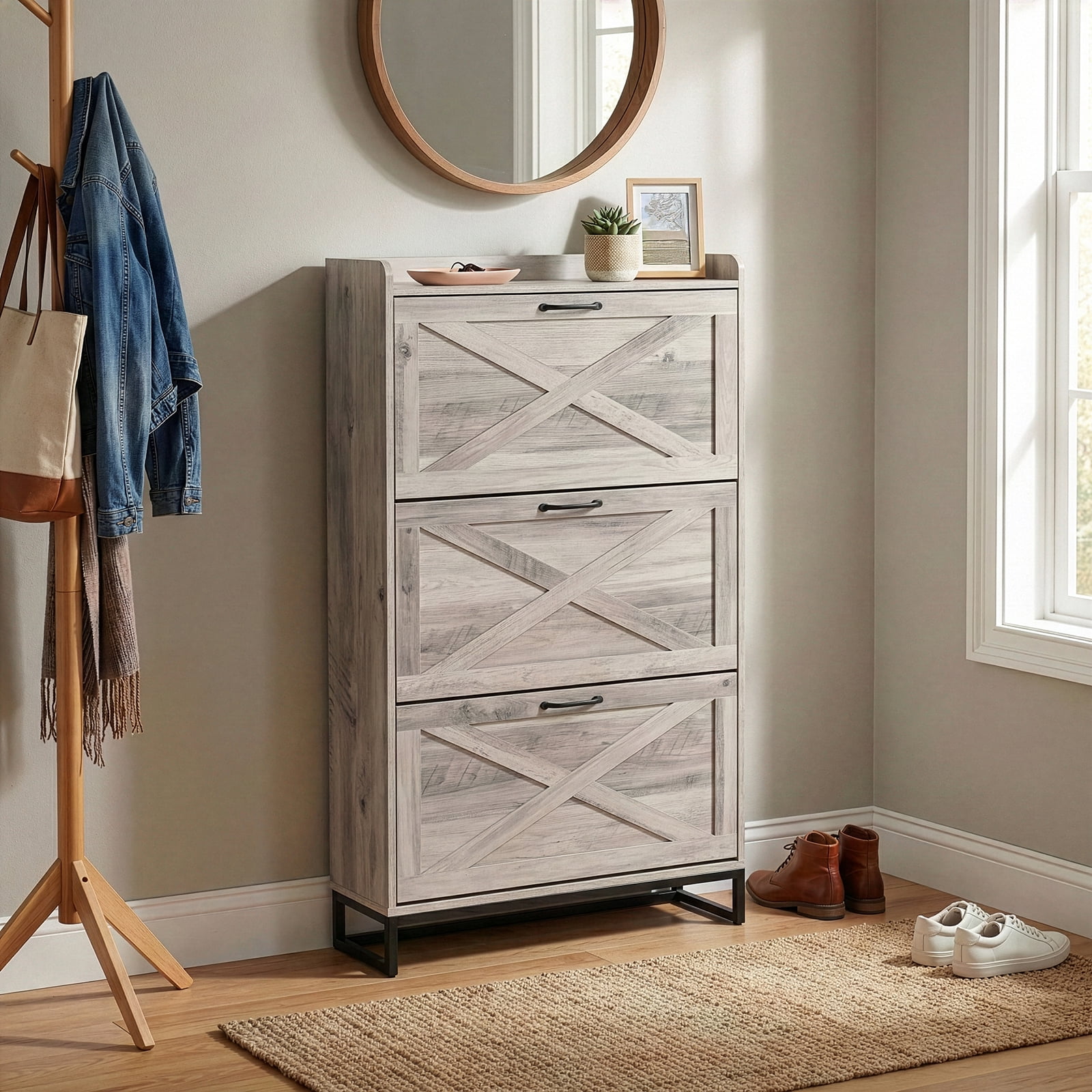 Barn Door Three-Drawer Cabinet With Top Panel, Shoe Cabinet Particleboard, 80*24*145cm