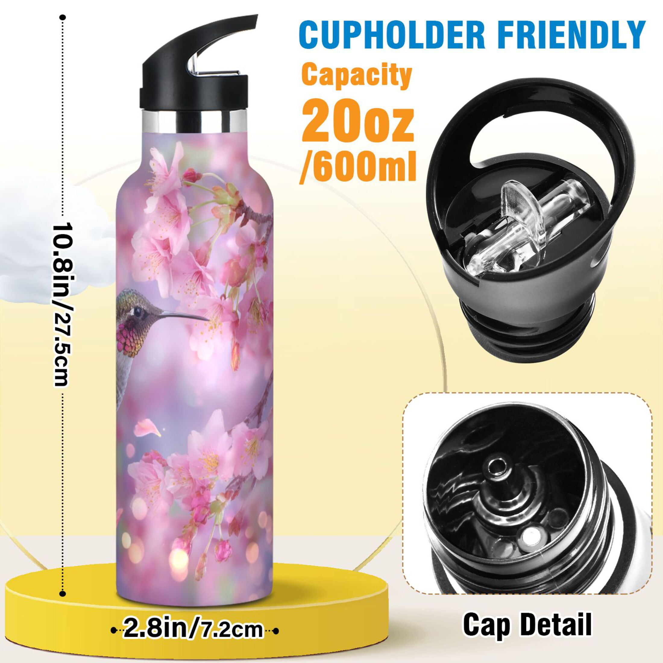 Kids Insulated Stainless Steel Sports Water Bottle 600ml (20oz) Beautiful Pink Hummingbird