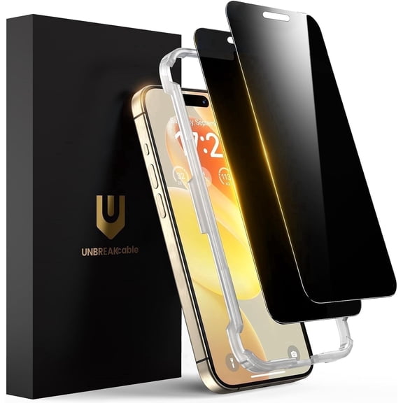 UNBREAKcable Privacy Screen Protector for iPhone 15 Pro Max, Shatterproof Tempered Glass, 28° Anti Spy, 9H Hardness, 6.7" - 2 Pack