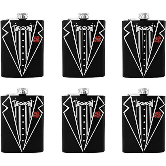 Gifts Infinity® Set of 6 Groom, Bestman, Groomsman, Bachelor Party Stainless Steel Hip Black Tuxedo Flask 8oz