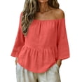 thumbnail image 2 of Royisotas Tops for Women Short Sleeve Linen Shirts Scoop Neck Spring Tunic Blouses Beach Vacation, 2 of 9