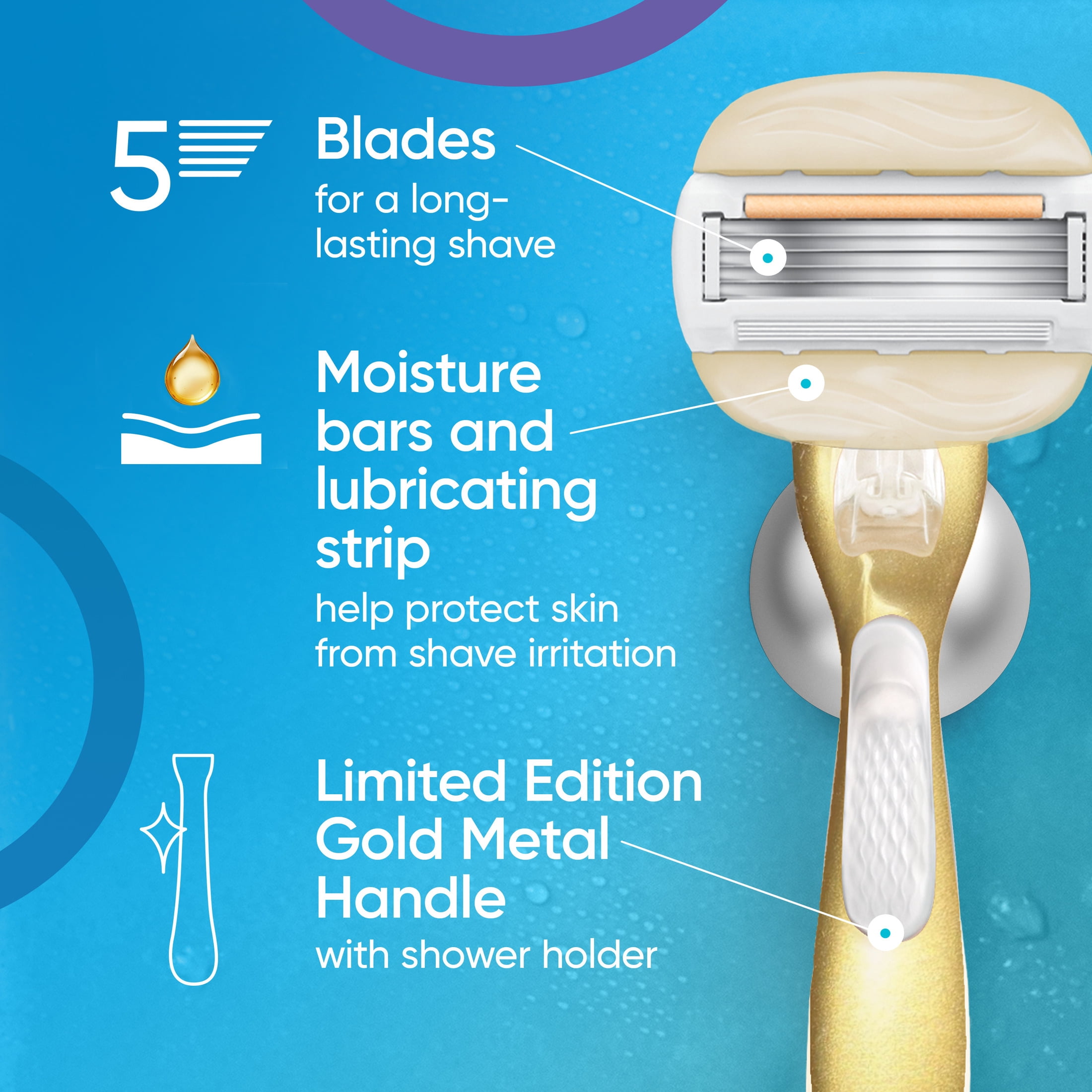 Gillette Venus MoistureGlide Gold Women's Razor Handle + 2 Blade Refills, includes Shower Holder