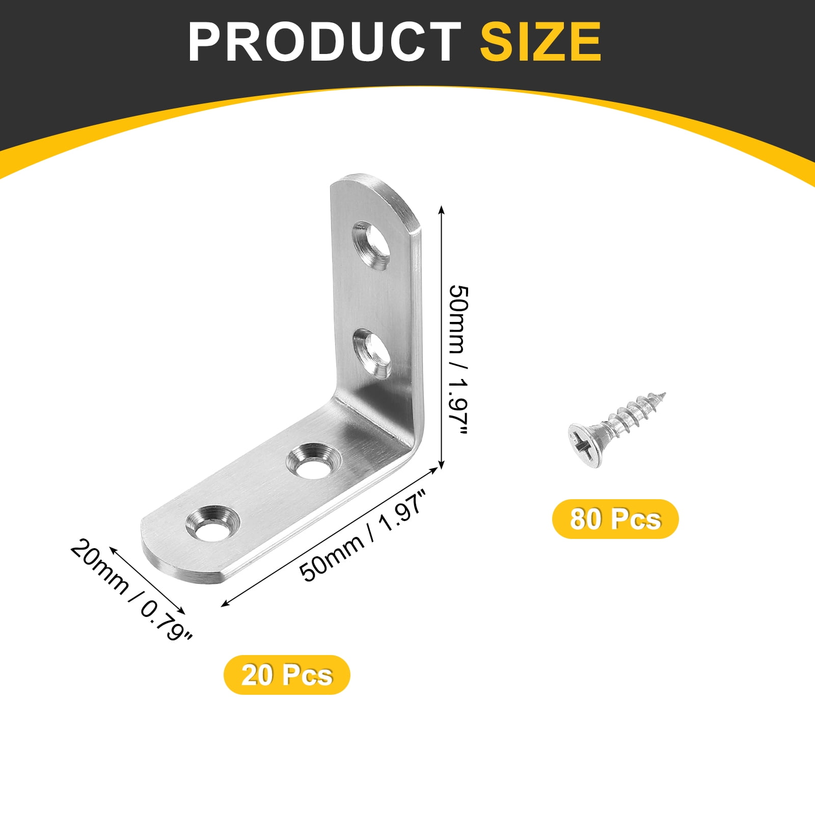 20Pcs L-Shaped Brackets Corner Brace, 1.97"x1.97"x0.79" Corner Bracket Shelf Bracket Right Angle Brackets for Wood Shelves Furniture (50x50x20mm, Silver)