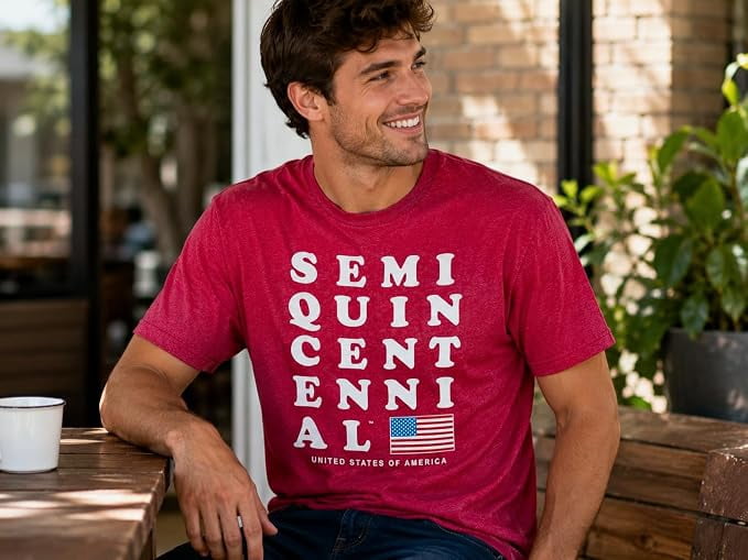 USA Semiquincentennial 250th Anniversary Bold Stack Graphic T-Shirt, Patriotic American Flag Independence Celebration Tee, Unisex Adult Red Heather, Small