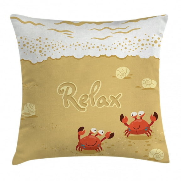 Crabs Decor Throw Pillow Cushion Cover, Funny Summer Card with Cute Crabs on the Beach Holiday Theme Print, Decorative Square Accent Pillow Case, 16 X 16 Inches, Sand Brown and White, by Ambesonne