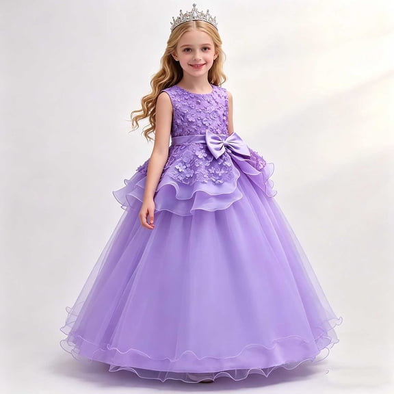WPPGONE Girls 3D Flower Applique Tiered Gown Sleeveless Multi Layer Tulle Princess Formal Long Dress Dreamy Wedding Flower Girl First Communion School Evening Party Ball Gown Big Girls Dresses