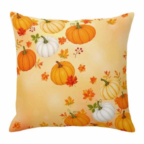 Throw Pillow Covers, Orange Thanksgiving Decorative Throw Pillow Covers 20x20 Inch, Fall Maple Leaves Berries Farmhouse Square Linen Pillow Cases for Couch/Living Room/Sofa