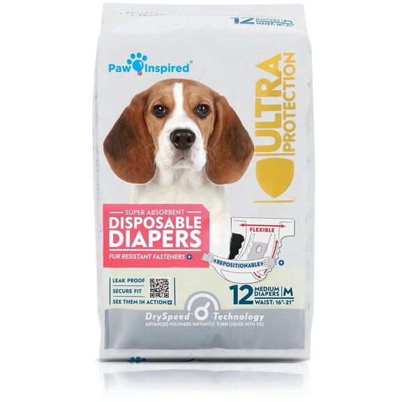 Paw Inspired Disposable Dog Diapers for Female | Puppy, Doggie, Pet, Cat Diapers | Diapers for Dogs in Heat Period, Diapers Pampers that Stay on for Senior, Incontinence, Training (Medium, 12 Count)