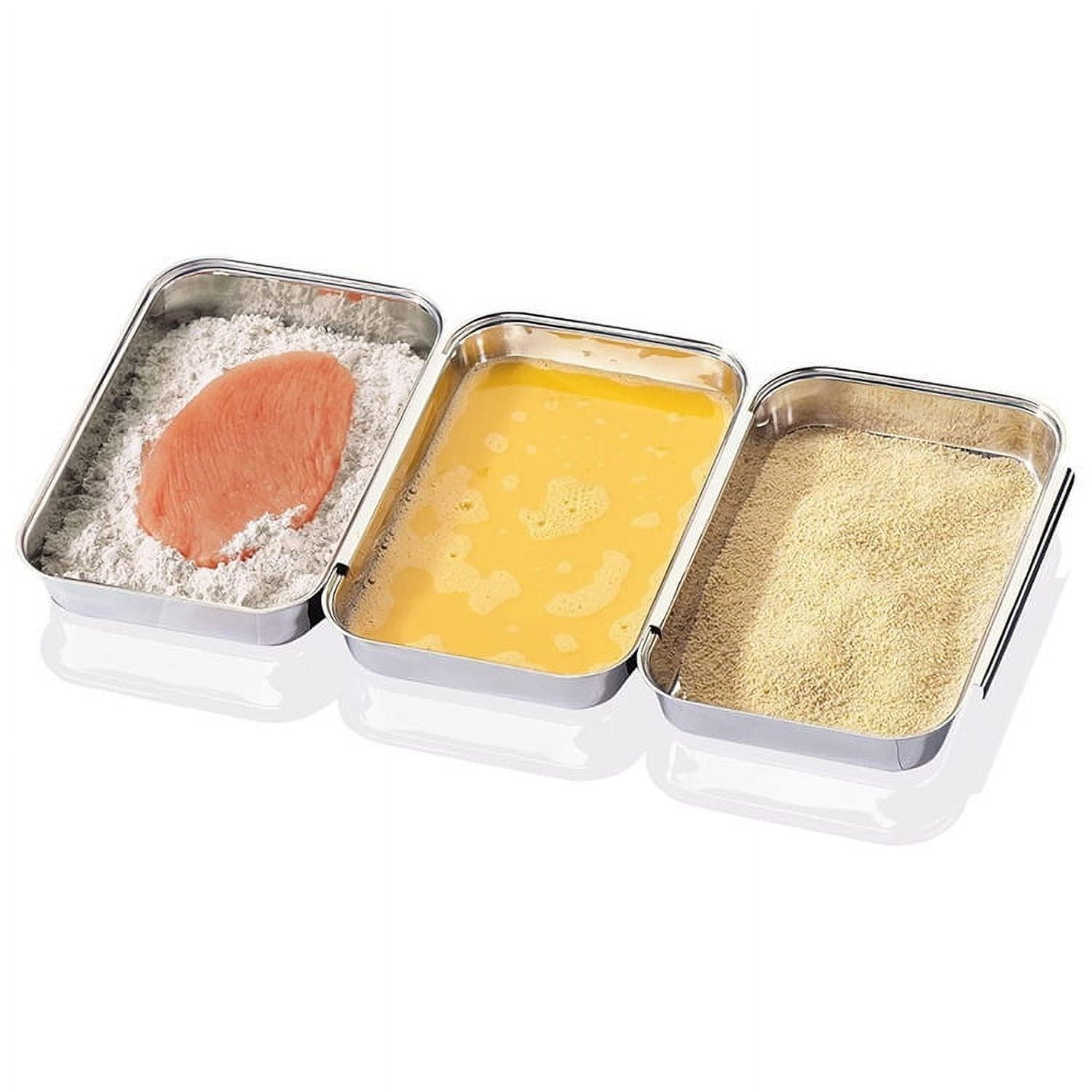 Breading Trays Set of 3 Large 10.4 x 7.7 x 1.9 Inch Stainless Steel  Breading Pans with Tong for Dredging Chicken Breasts and Marinating Meat,  Food Prep Trays for Breadcrum Dishes, Schnitzel : : Home
