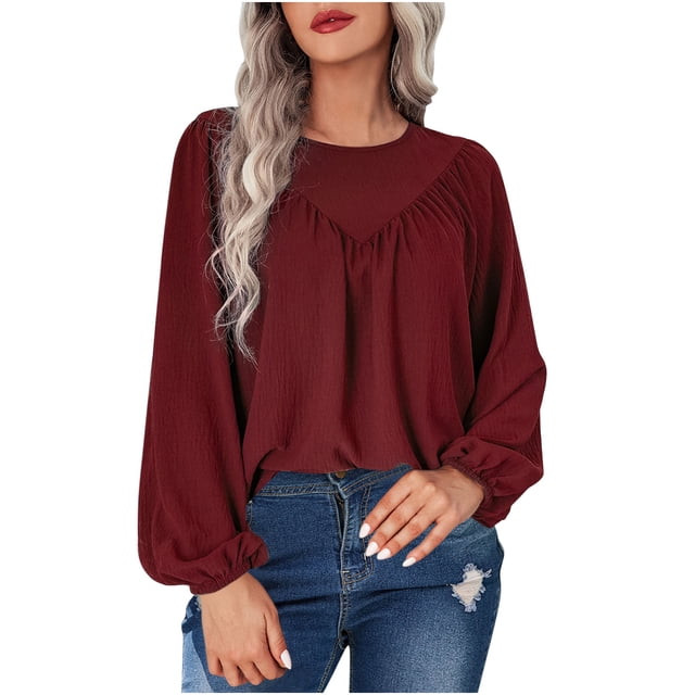 Jersey de cuello redondo de Color sólido informal de temperamento de otoño e invierno para mujer, camisa holgada de manga larga con mangas acampanadas Pompotops FGAJ3805