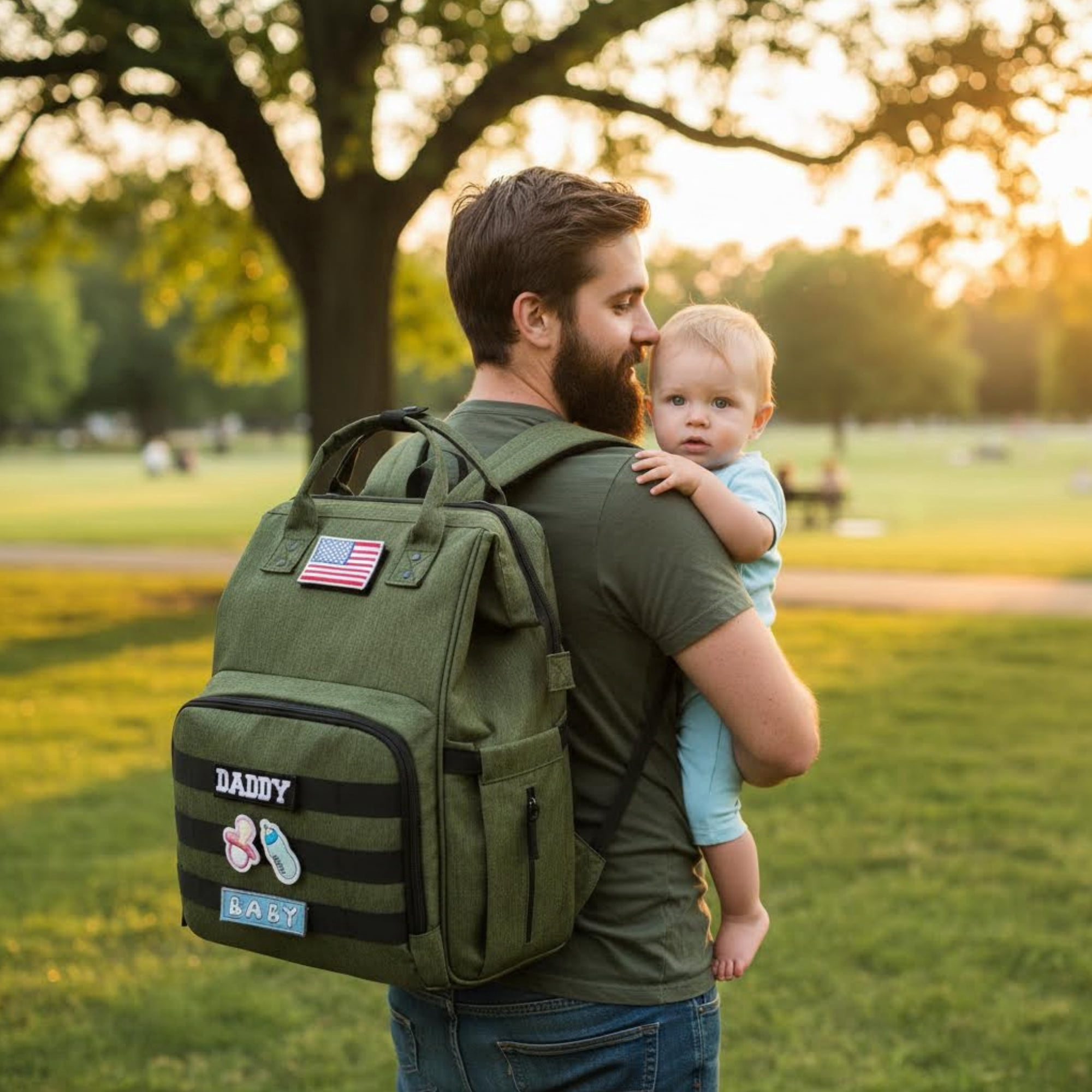 Diaper Bag Backpack for Dad and Mom with USB Charging Port Stroller Straps and Insulated Pocket,army military Travel Nappy Backpack for daddy mommy (Green)