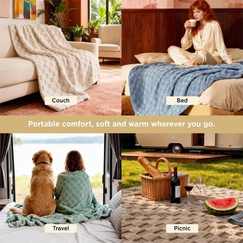 ROSEKIND Super-soft Aesthetic 3D Embossed Checkerboard Fleece Throw Blanket, Reversible Luxury Textured Fuzzy Plush Throw for Couch Bed Sofa, All-season, Sage Green, 60"x80"