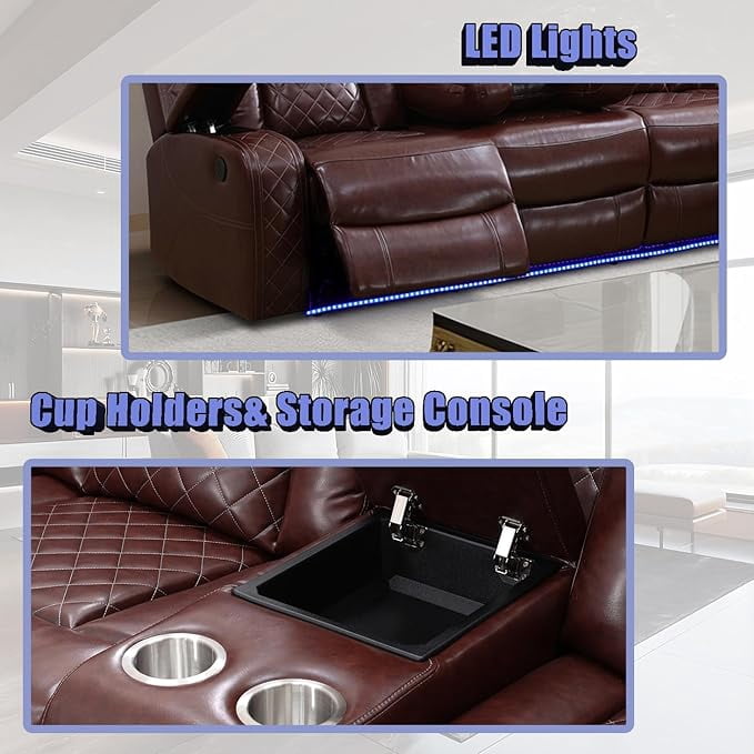 Gewnee Air Leather Power Recliner Sectional Sofa with Cup Holder, Oversize Sofa Couch for Living Room Home Office Theater