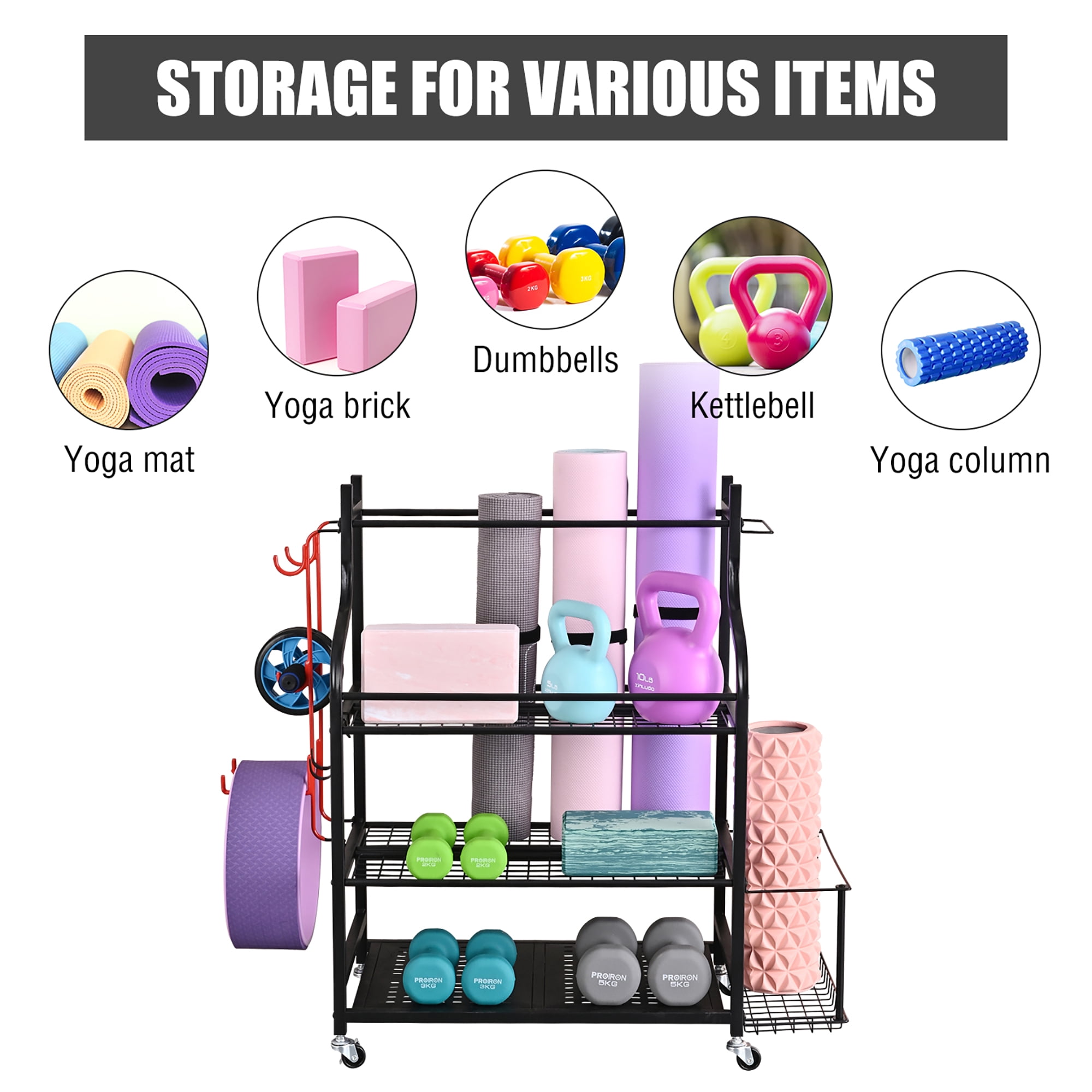 Mythinglogic Yoga Mat Storage Racks,Home Gym Storage Rack for Dumbbells Kettlebells Foam Roller, Yoga Strap and Resistance Bands, Workout Equipment Storage Organizer With Hooks and Wheels