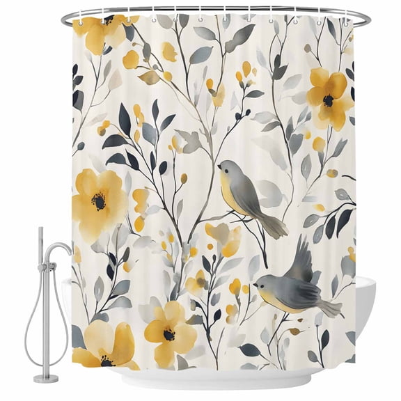 Watercolor Yellow Flowers Bird Fabric Shower Curtain Plant Leaves Washable Shower Curtains for Bathroom, Waterproof Bath Curtain with Hooks Home Decor 72x72in