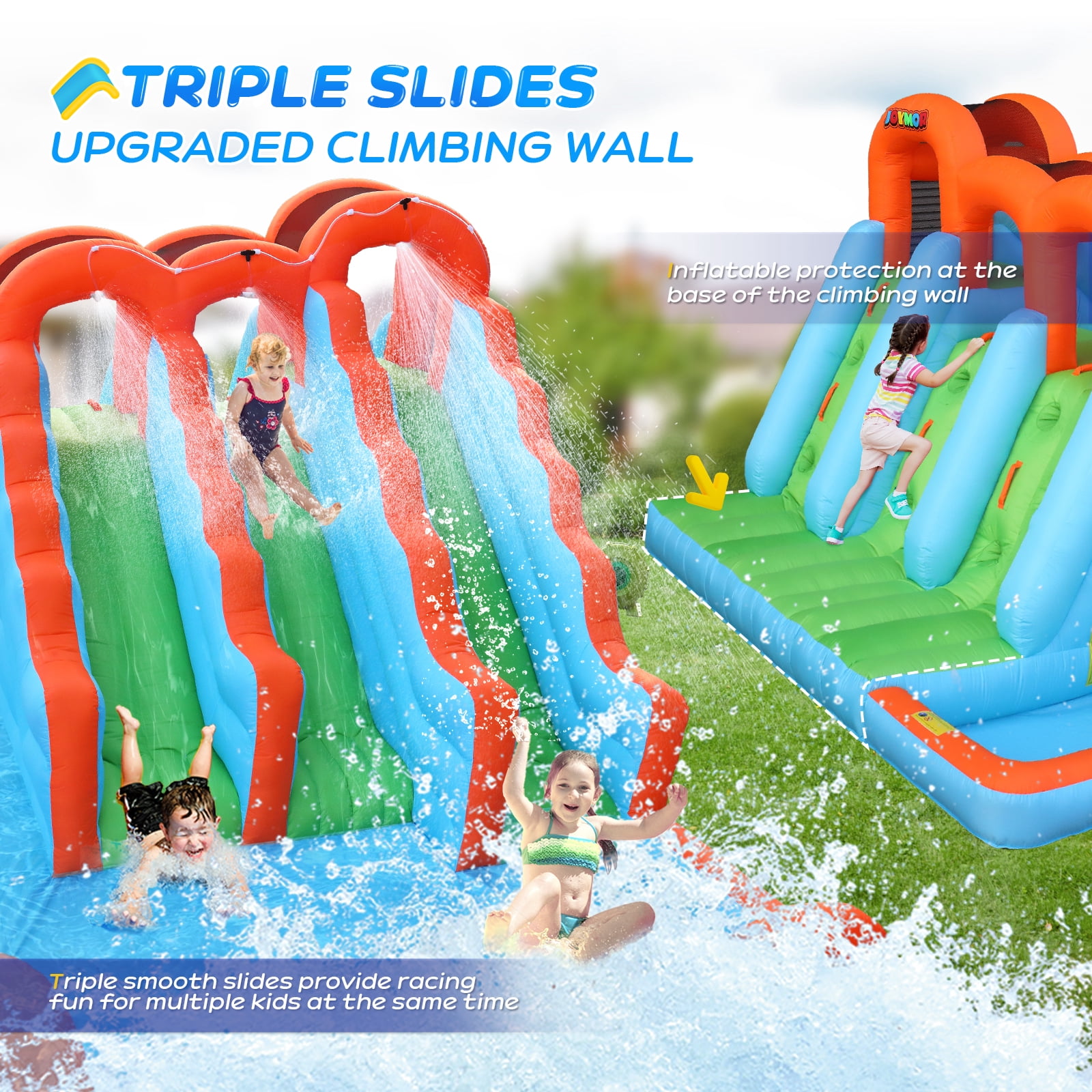 Ktaxon Inflatable Bounce House with Triple Slides and Upgraded Climbing Wall, Water Slide Bounce House with Blower, Inflatable Water Slide Park for Party, Backyard, Lawn