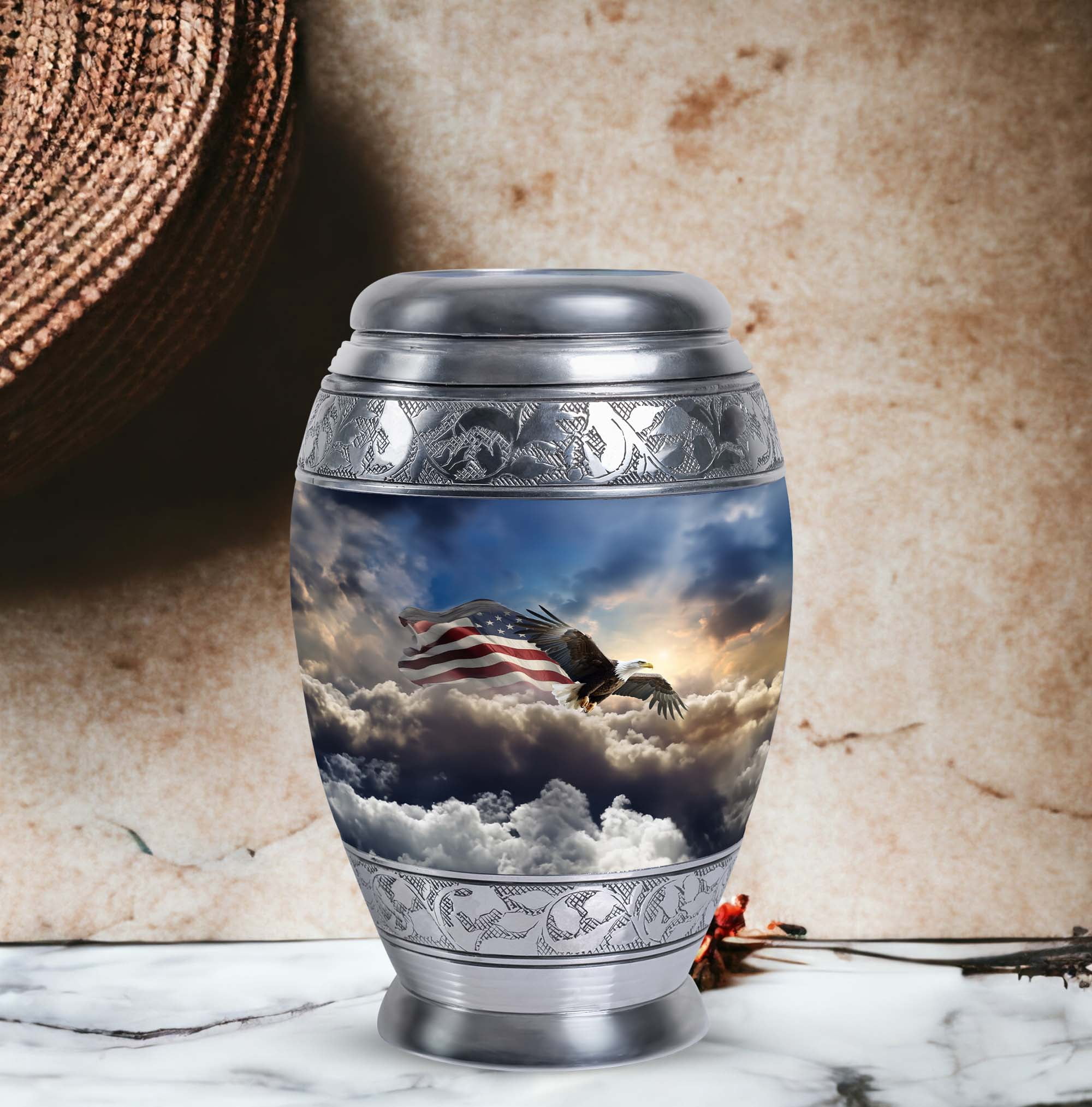 Eagle Flying In Clouds With Flag Timeless Urns - Burial Urn For Adult Female & Male - Memorial Gifts - Adult Urns For Human Ashes (Size -10inch)