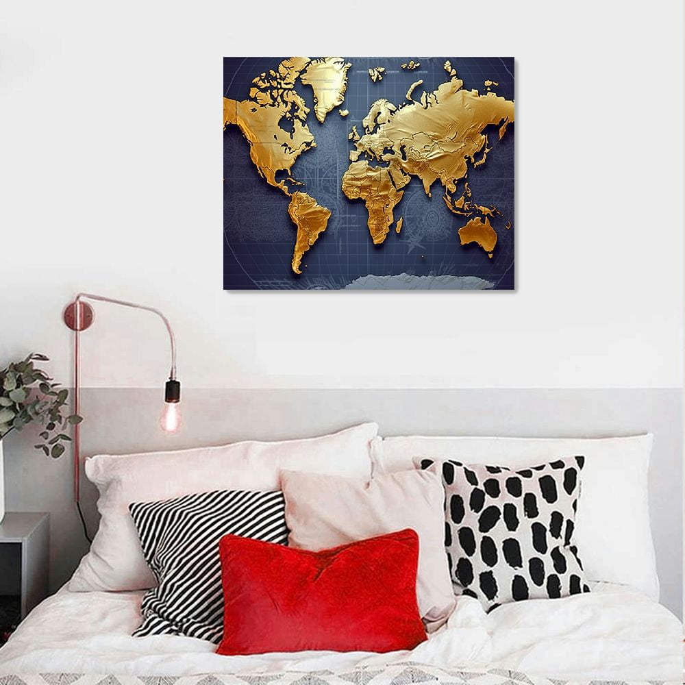 Awypu World Map Wall Art for Living Room, PIY Old Nautical Canvas Prints Decor, Retro Painting Home Decorations (Large, 1" Thick Frame, Waterproof Artwork, Bracket Mounted Ready to Hang)