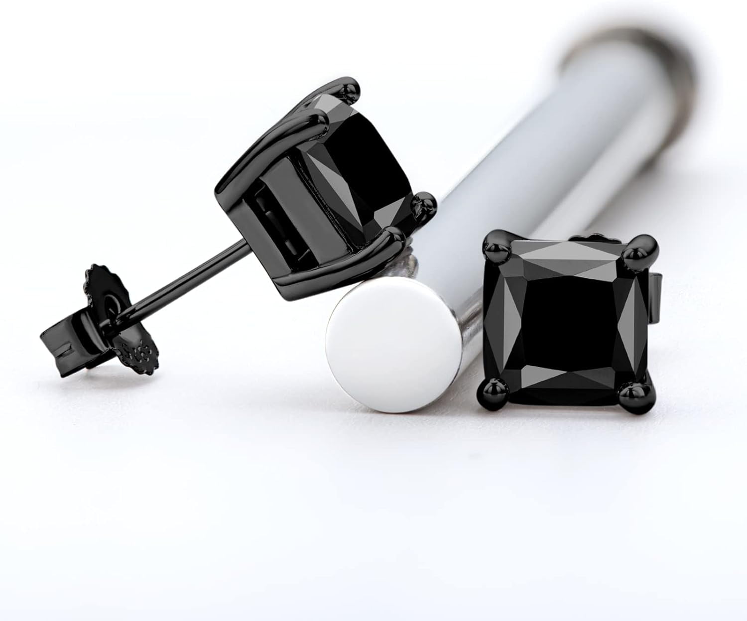Leander 925 Sterling Silver Black Onyx Stud Earrings For Men Women, Hypoallergenic Mens Viking Rune Square Simulated Diamond CZ Studs Cushion/Round/Princess Cut Onyx Earrings Fine Jewelry