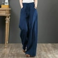 thumbnail image 2 of ShomPort Cotton Linen Pants for Women Elastic High Waist Drawstring Long Pants Wide Leg Loose Trousers (Dark Blue 23), 2 of 5