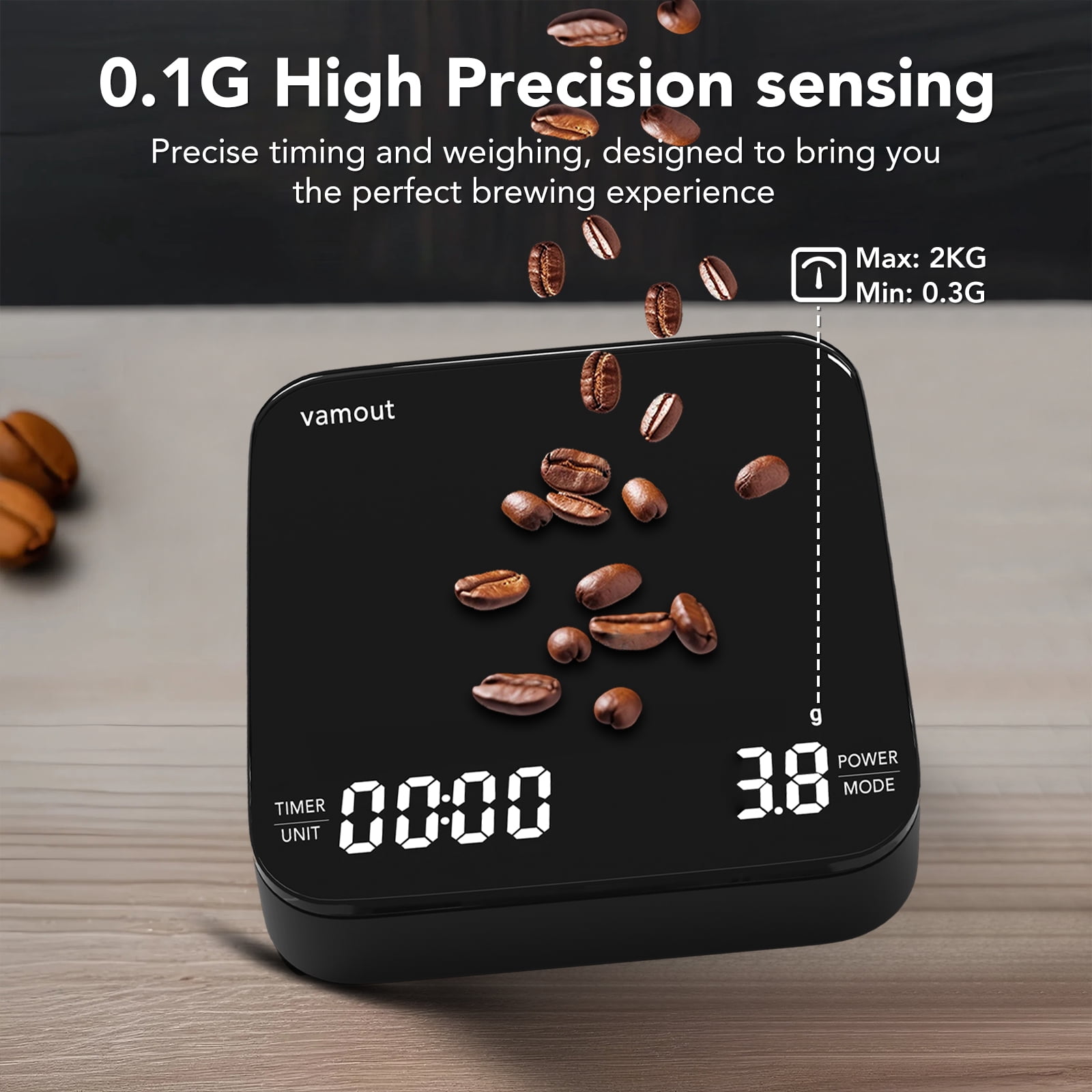 VAMOUT Coffee Scale with Timer, Rechargeable Mini Espresso Scale, 2kg/0.1g Accurate Food Scale for Pour-Over and Espresso Coffee, LCD Display, Portable Digital Kitchen Scale with Automatic Timing