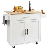 Rolling Kitchen Island Cart with Drop Leaf, 35.4" Wide - Mobile Cabinet with Wood Top, Drawer, Spice & Towel Rack, White