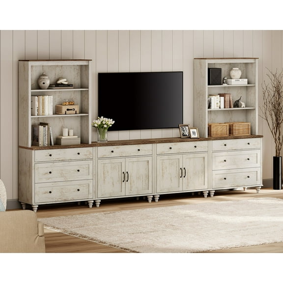 Entertainment Center with Bookshelves for TVs up to 75", Farmhouse Wall Unit TV Stand with Doors & Drawer, Media Console Table for Living Room, Bedroom & Home Theater in Rustic White