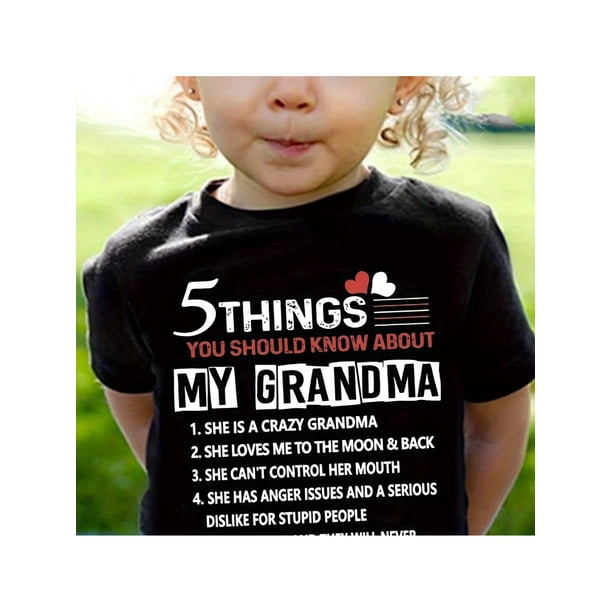 Camiseta cómoda 100 % algodón para niña con el divertido estampado "5 cosas que deberías saber sobre mi abuela". Informal, holgada, manga corta, cuello redondo. Perfecta para el verano. Camisetas par