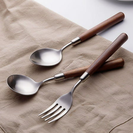 

Riguas Spoon Fork Cutlery Food Grade Wooden Handle Spoon Fork Smooth Surface Stainless Steel Tableware for Daily Use