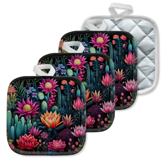 4 Pack Pot Holders,Kitchen Essential, Potholder Set,Diverse Flowers And Cacti In A Rich Colored Illustration