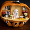 thumbnail image 6 of Halloween Pumpkin Ghost Bartender Figurine, 8.7-Inch Mini Bar Scene with Concealed Warm LED Lights, Hand-Painted Resin Ornament with Witch Hat Spiderweb Details for Nightstand Counter Window Display, 6 of 7