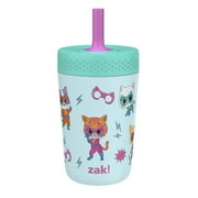 Zak Designs 12oz Super Kitties Kids Straw Tumbler, Stainless Steel Vacuum Insulated Kincaid Tumbler with Silicone Straw Utilizing Leak-Proof Valve, Travel Straw Tumbler