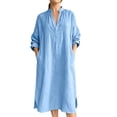 thumbnail image 2 of QUNYINEY Blue Dresses for Women Plus Size Long Sleeve Fall Faux Cotton Linen Midi A Line Dress with Pockets V Neck Loose Fit Casual Dresses, 2 of 9