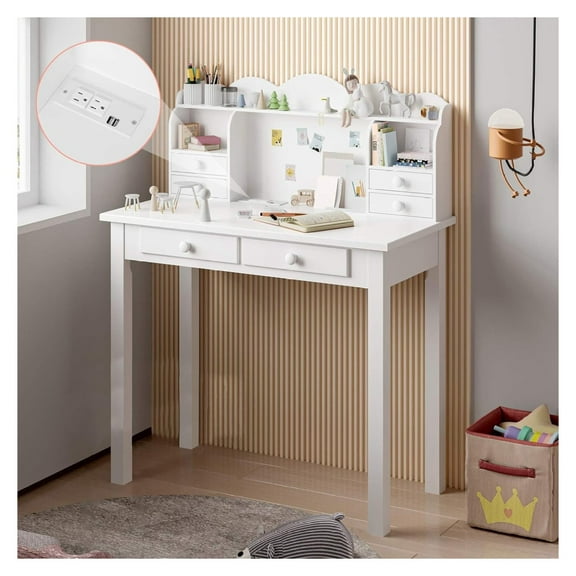 Drevy Small White Writing Desk with Hutch and USB Ports, 31.5 inch Home Office Desk with Drawers, Study Table for Kids/Student, Makeup Dressing Table Save Space Gifts