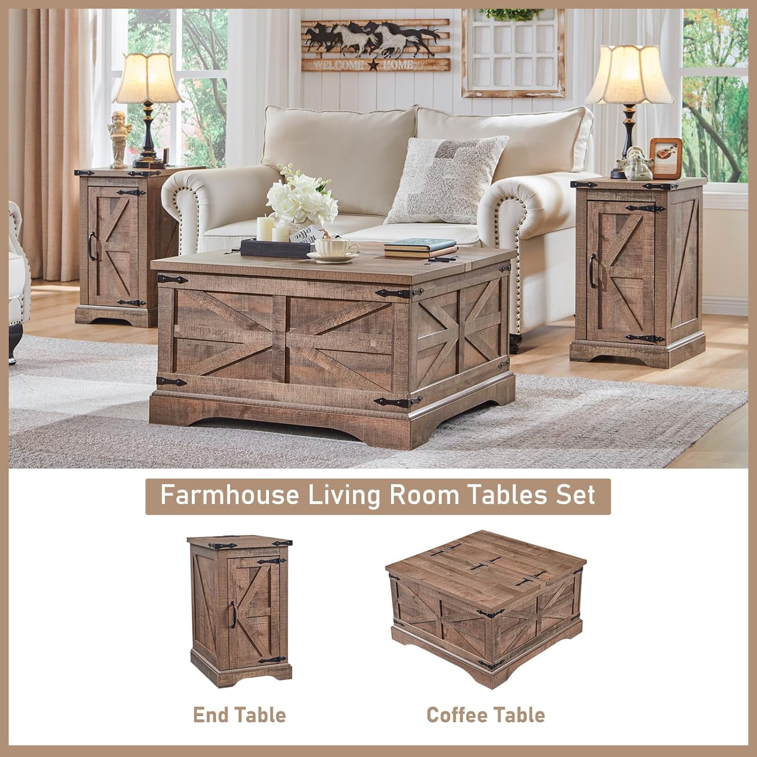 T4TREAM Farmhouse Nightstand with Charging Station, Wood End Table, Light Brown