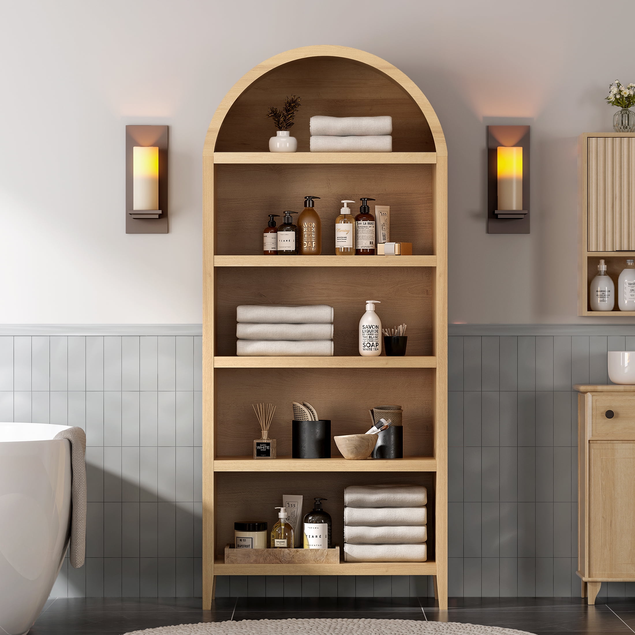 EYYTHUNG 5-Tier Arched Bookcase with Adjustable Shelves, 71" Tall