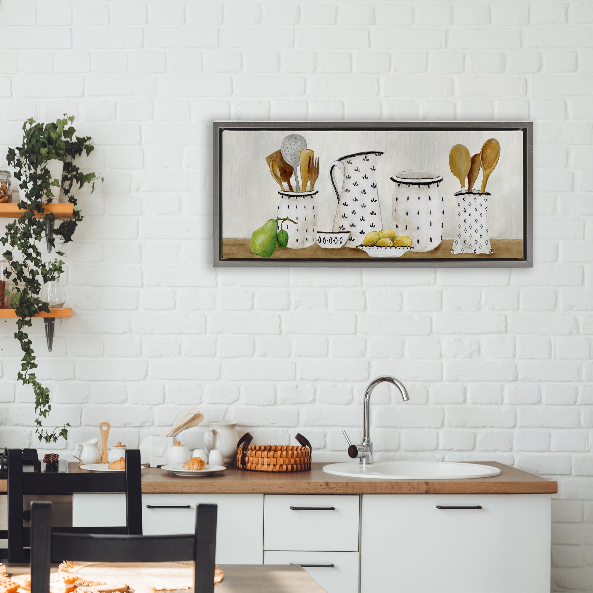 Stupell Industries Kitchen Jugs & Utensils Gray Framed Floater Canvas Wall Art, design by Janet Tava