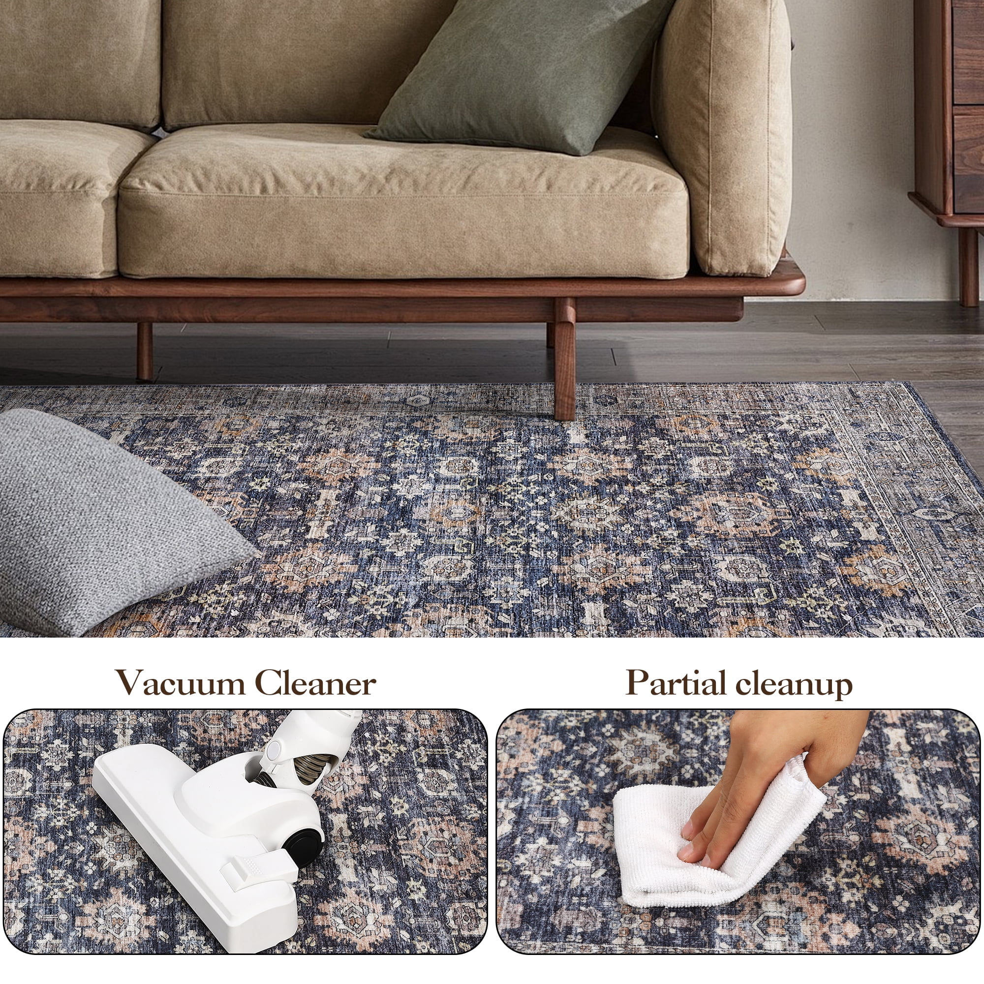 FairOnly 9'x12' Blue Boho Floral Area Rugs for Living Room Low Pile Non Shedding Rugs for Family Room Nursery Carpet