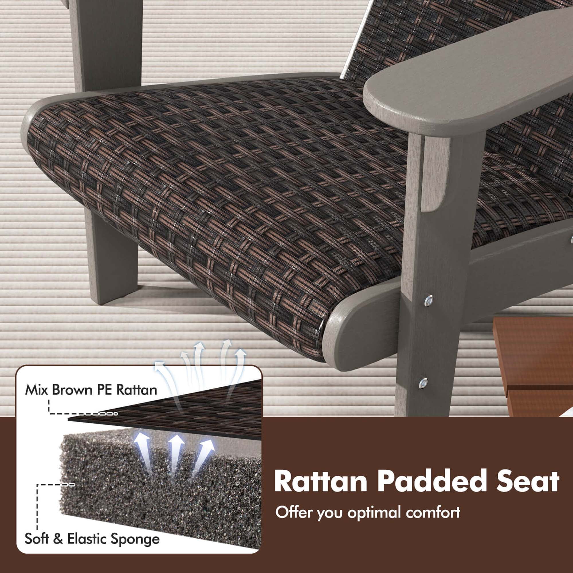 Costway Patio Adirondack Chair with Rattan Padded Seat Wide Armrests & Hidden Cupholder Gray