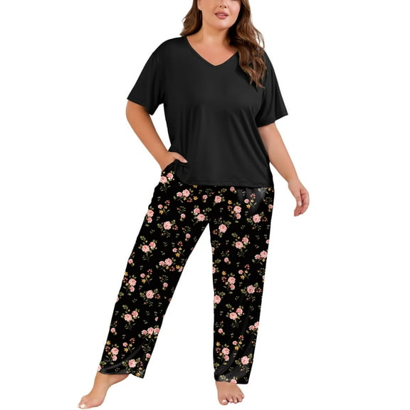 PinkBeautiM Women Plus Size Pajamas Set Prints Pjs Sleepwear with Pockets