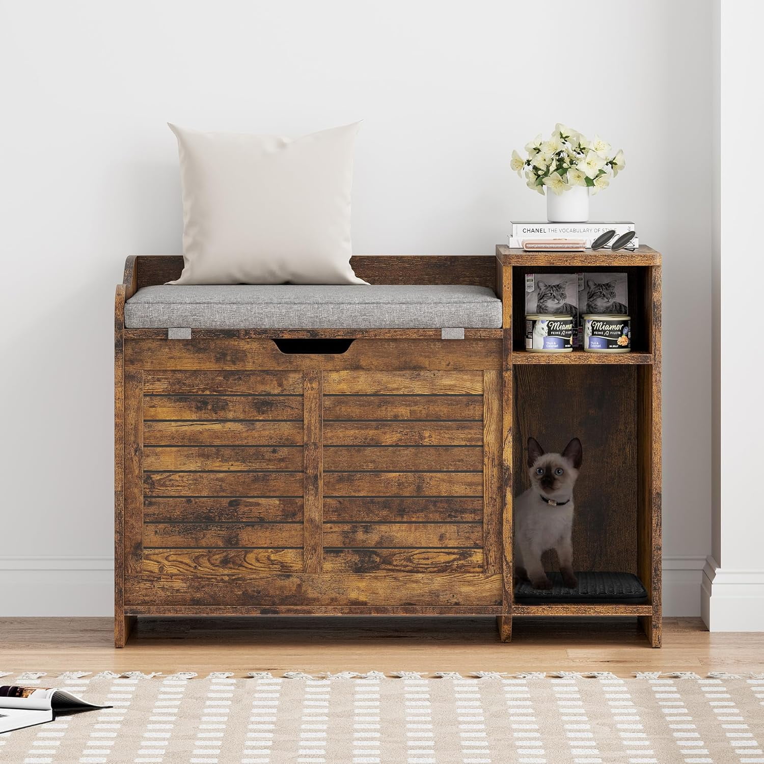 OUTGOODS Hidden Cat Litter Box Furniture, Fir Wood Enclosure Cabinet w/ Storage