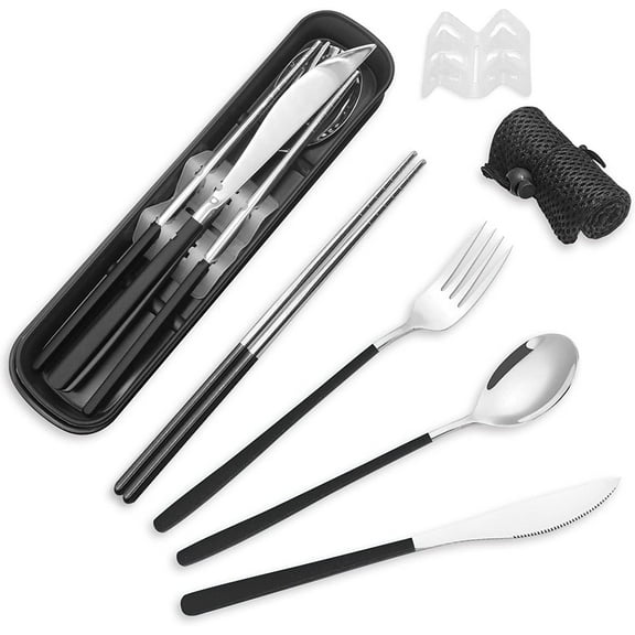 Stainless Steel Cutlery Set with Case, STONCEL Portable Travel Lunch Utensils, Reusable Fork Spoon Knife Chopsticks Set for Office School Travel Camping Picnic Adults Daily Use (Black, Silvery)