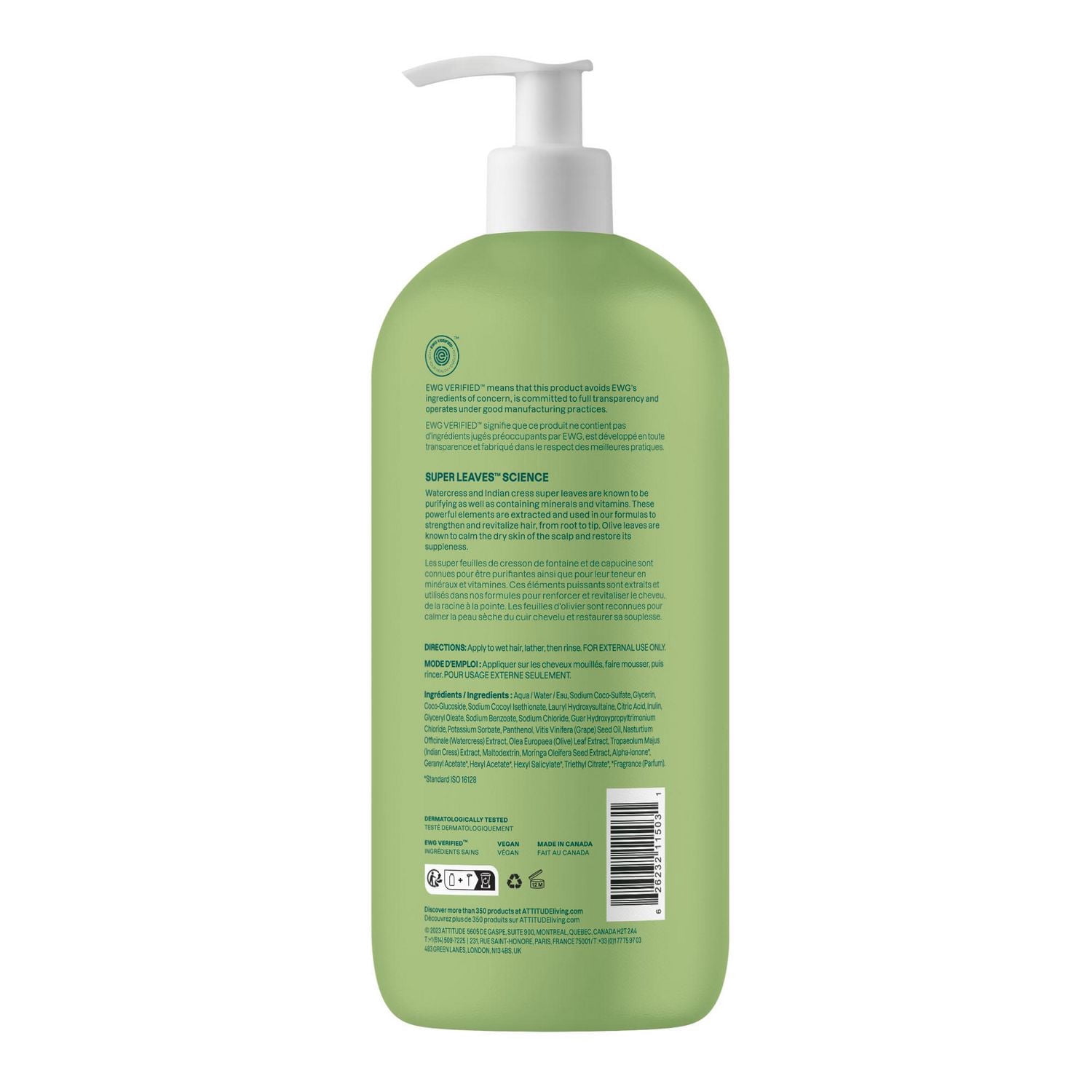 ATTITUDE super leaves, Shampooing Nourrissant, Huile de Pépins de Raisin & Feuilles d'Olivier