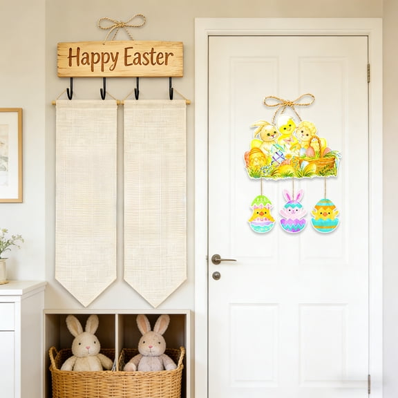 Uandlove Easter Door Hanger Decoration with Cute Bunnies & Eggs, Colorful Spring Party Scene Paper Hanging Pendant for Front Door Wall Window Decor, 12 Inch