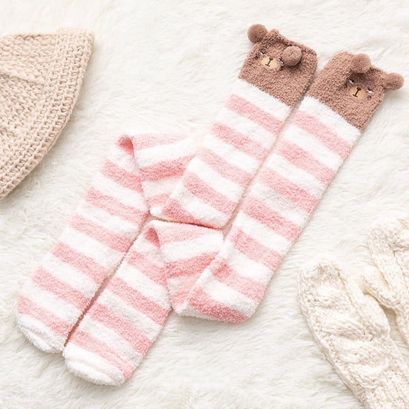 Dyfzdhu Womwn Coral Socks Over The Knee Thicken Warm Sleeping Towel Striped Socks