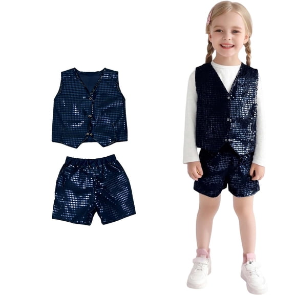 Boy Dance Sparkly Black Dance Sleeveless Button Vest and Pants Outfit Set 90s Outfits for Girls Performance Dancewear 5-6 Years