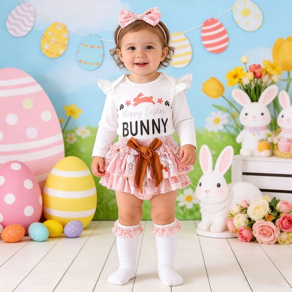 MAIHAN My First Easter Baby Girl Outfit Short Sleeve Romper Tutu Skirt Shorts Set Cute Bunny Clothes,Easter Outfit Baby Girl(White,12_18 Months)