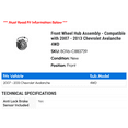 thumbnail image 2 of Front Wheel Hub Assembly - Compatible with 2007 - 2013 Chevy Avalanche 4WD 2008 2009 2010 2011 2012, 2 of 2