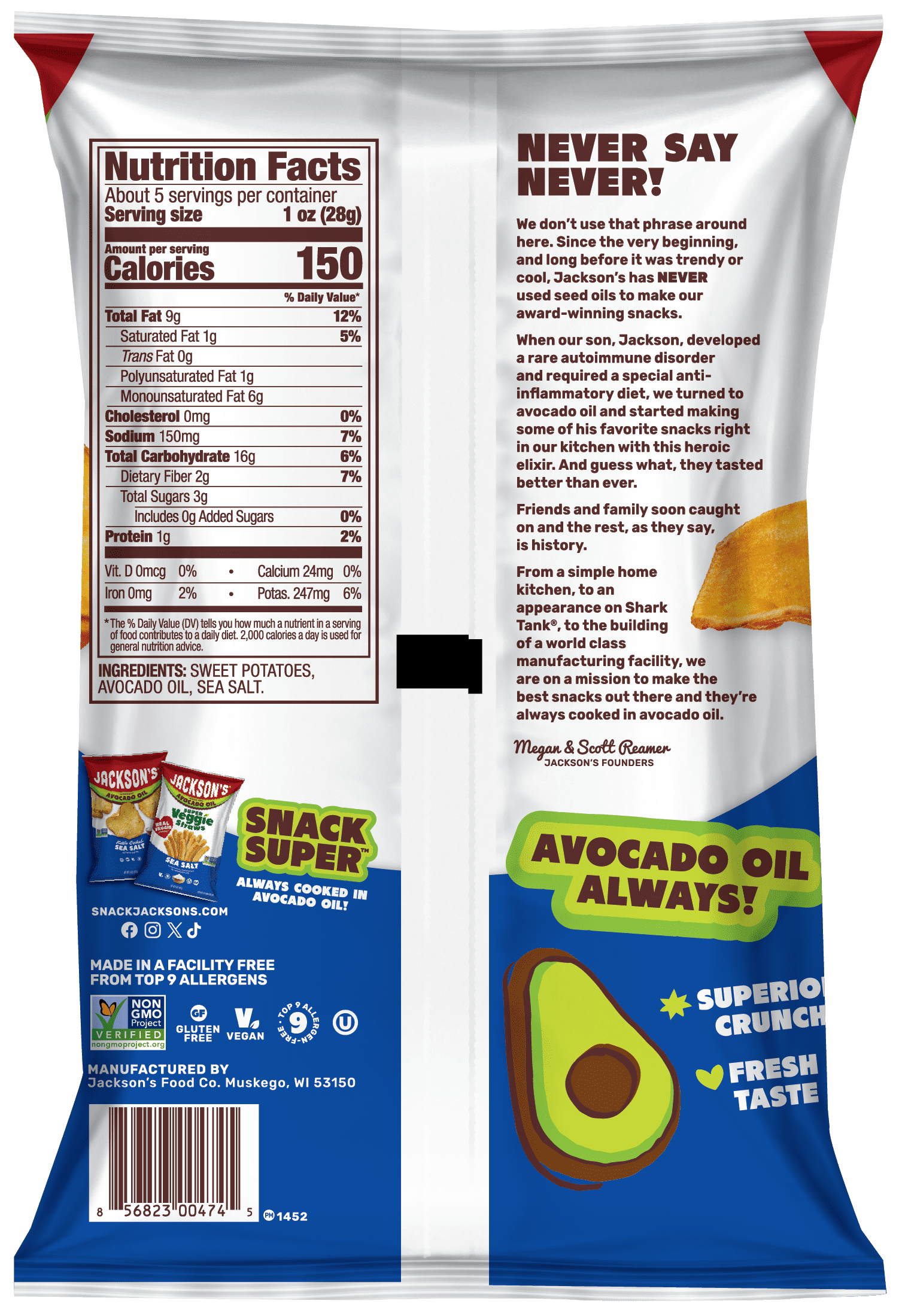 Jackson's Sweet Potato Kettle Chips with Sea Salt, Avocado Oil, Free of Top 9 Allergens, 5 oz